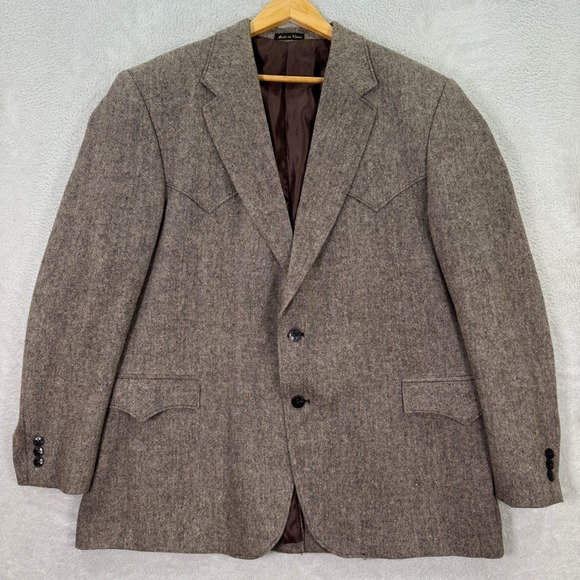 Circle S Mens 48R Western Sport Coat Brown Wool Silk Blend Tweed Blazer Leather